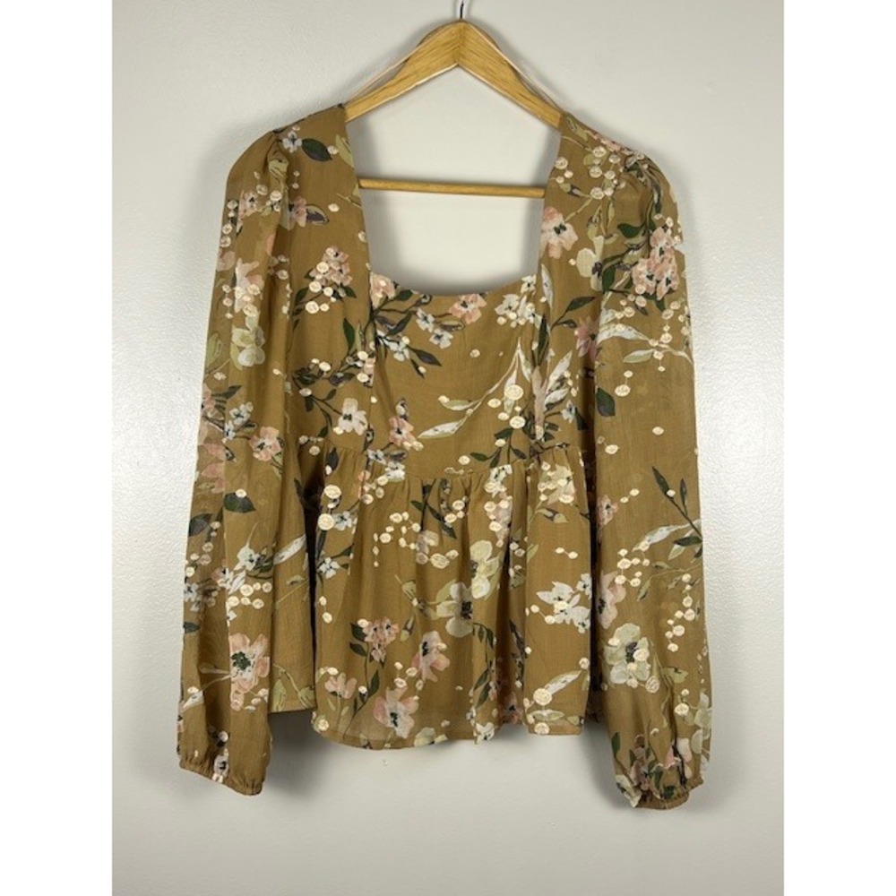 Altar'd State Mustard‎ Floral Peplum Blouse Square Neck Puff Sleeve BE21864 L